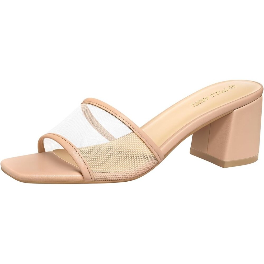 🆕Women's Nude Mesh Square Open Toe Heels Sandals Low Block Chunky Heeled Sandal